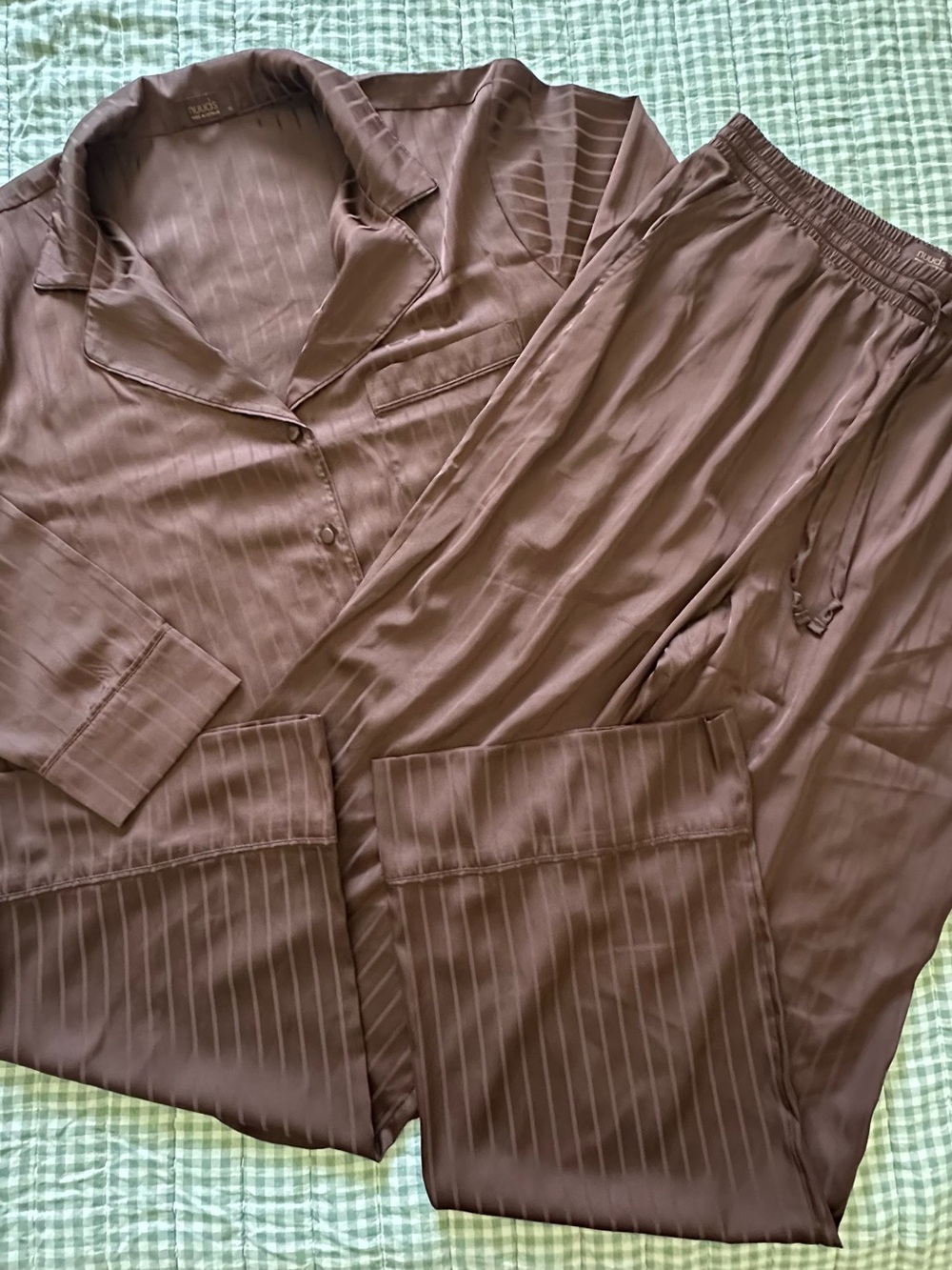 nuuds Brown Satin Long Sleeve Pajama Top and Pants Set
